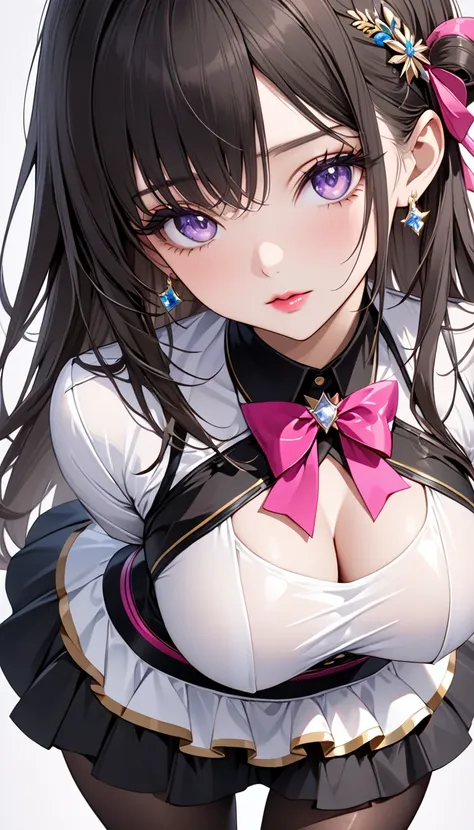 Sfw,  Masterpiece,   Swimwear,  high definition  , detail face, (1 girl,  girl details , 20 year old girl), ( black hair, Straight hair,  Side-Faced Hair , Half open eyes ,   big breast  ),  pink lips ,  Purple Eyeshadow,  per lash , Cheek) , Idol outfit ,...