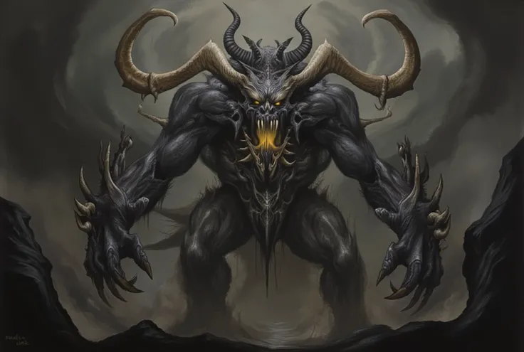 A colossal, nightmarish monster with a towering, muscular body covered in rough, obsidian-like skin. Its head is adorned with two massive, curved horns resembling a demonic crown. Its glowing, piercing eyes radiate malice, while its jagged, razor-sharp tee...