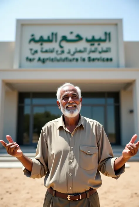 
 in the picture. He shows an elderly Yemeni man, with a white beard and little hair, wearing simple clothes that reflect the features of his rural life as a farmer .  standing proudly in front of a modern building with a clear sign written with
Arabic "Th...