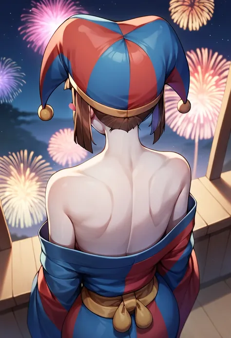 score_9, score_8_above, score_7_above, score_6_above, BACK BREAK ,  kimono, off shoulder, ombro no,  curvy body, night sky,  fireworks,  looking at the spectator over the shoulder, Remember, colorful skin, blush stickers, jester cap 