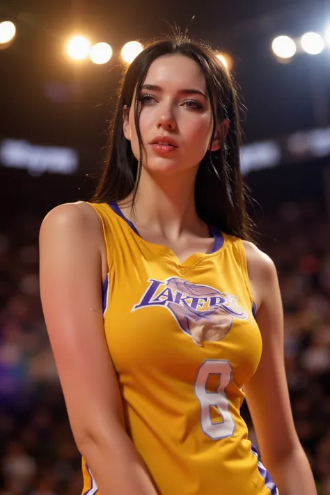 young woman wearing a yellow Los Angeles Lakers basketball jersey.
	•	She has long, dark hair, and her purple eyes stand out against her fair skin.
	•	Her face and body are covered in sweat, and she appears to be in an intense moment, possibly after physic...