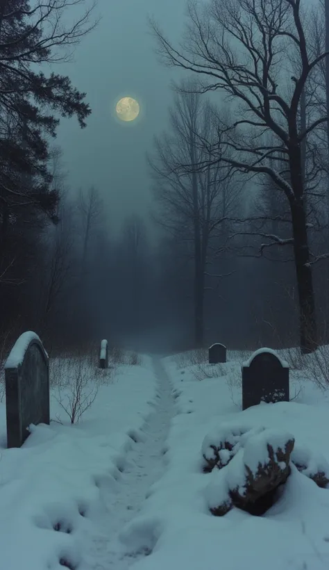  An abandoned cemetery in the middle of winter ,  covered by a thick layer of snow .  Old and cracked headstones emerge from the frozen ground ,  some tilted as if they were about to fall .  A thick haze creeps between the graves ,  dimly illuminated by a ...