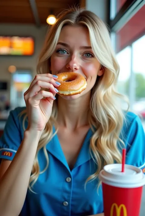 blond woman in blue uniform eating a donut and drinking a cup of coffee, blue mcdonalds, belle delphine, better known as amouranth, amouranth, cory chase as an atlantean, 🥥 🍕 hybrid, wearing rr diner uniform, ❤🔥🍄🌪, young beautiful amouranth, soda themed gi...