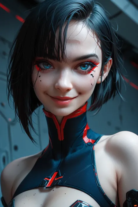  Top Quality 、 Masterpiece、  Ultra High Definition Cyberpunk Background 、（Photo resolution  ：1.4）   Right above an ultra high definition movie        、       girl with black hair bob cut、face close-up upper body     、smile 、1 person、   Blue Eye  、 metallic...