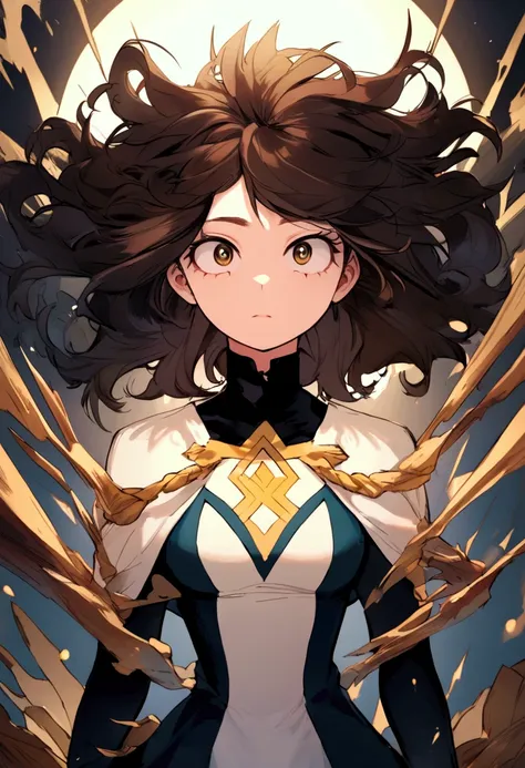 My hero academia, girl with long brown straight hair and golden eyes, dress