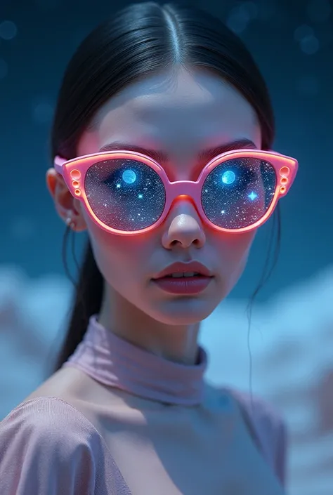  The model wears glass sunglasses with stars and the moon in the glass