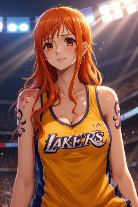 young woman wearing a yellow Los Angeles Lakers basketball jersey.
	•	She has long, orange  hair, and her brown eyes stand out against her fair skin.
	•	Her face and body are covered in sweat, and she appears to be in an intense moment, possibly after phys...