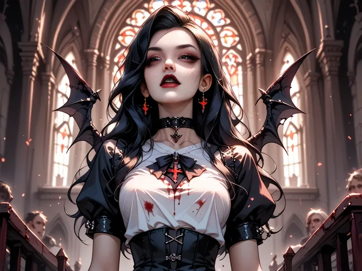 Gothic girl in the form of a vampire, 19 years old, black long hair, third size tits, perfect figure, vampire wings behind, standing in doogy style on the ground against the background of an abandoned church, dressed in a short sexy gothic thong and a whit...