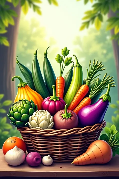  Create a vibrant and detailed illustration for World Legume Day ,  highlighting a variety of fresh vegetables arranged in a rustic basket on a wooden table .  Include squash , zucchini, artichoke , asparagus ,  sweet potato , Eggplant, beet, carrot, mushr...