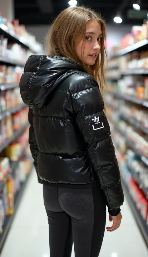 Backside diagonally photo from side behind of a sweaty hot wet cute beautiful darkblonde dutch spanish italia young posing age femboy wearing shiny bright glittery pvc cropped short moncler puffer jacket. Big moncler canadagoose luxurious logo patch, Pvc j...