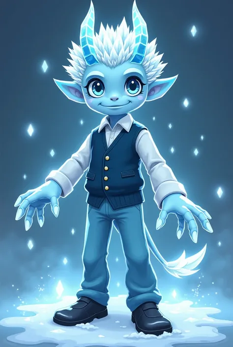 Demon boy,  with a dress vest and light blue pants,  White shirt,  black shoes,  some ice crystals coming out of your skin , frozen hands , Ice mask that covers your entire face,  heavenly eyes and ice horns , frozen skin, Cartoon indie style