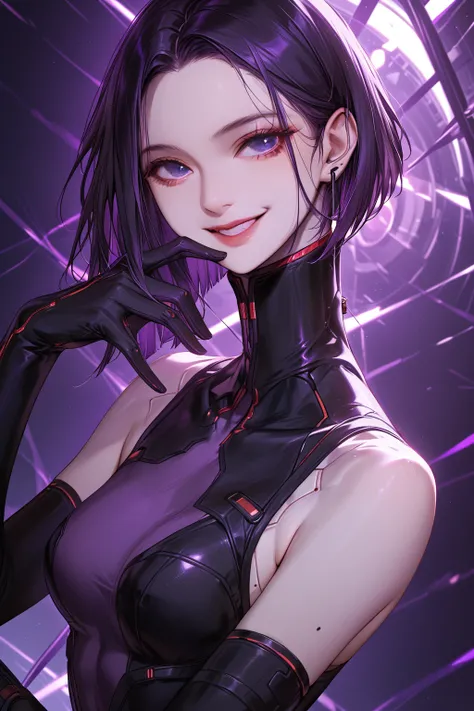   Top Quality 、  Masterpiece、    Ultra High Definition Cyberpunk Background   、（Photo resolution   ：1.4）    Right above an ultra high definition movie         、        girl with black hair bob cut、face close-up upper body      、smile 、1 person、    blue eye...