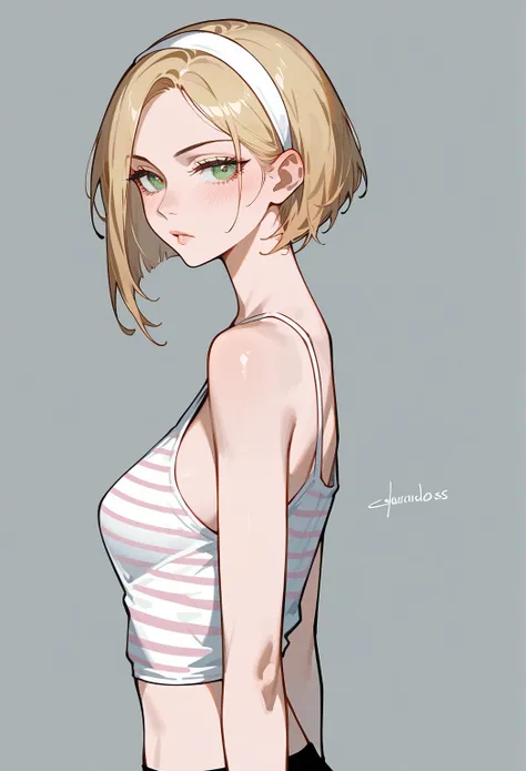 Artwork,,,back view,single woman,alone,adult,dark blonde hair,short hair,bob haircut,short hair,short parted bangs,side parted,half closed eyes,green eyes,hair strands behind ear,arrogant,white headband,full lips,lip blush,expressionless,white skin,full me...