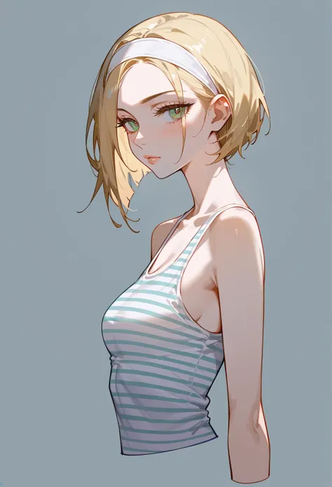 Artwork,,,back view,single woman,alone,adult,dark blonde hair,short hair,bob haircut,short hair,short parted bangs,side parted,half closed eyes,green eyes,hair strands behind ear,arrogant,white headband,full lips,lip blush,expressionless,white skin,full me...