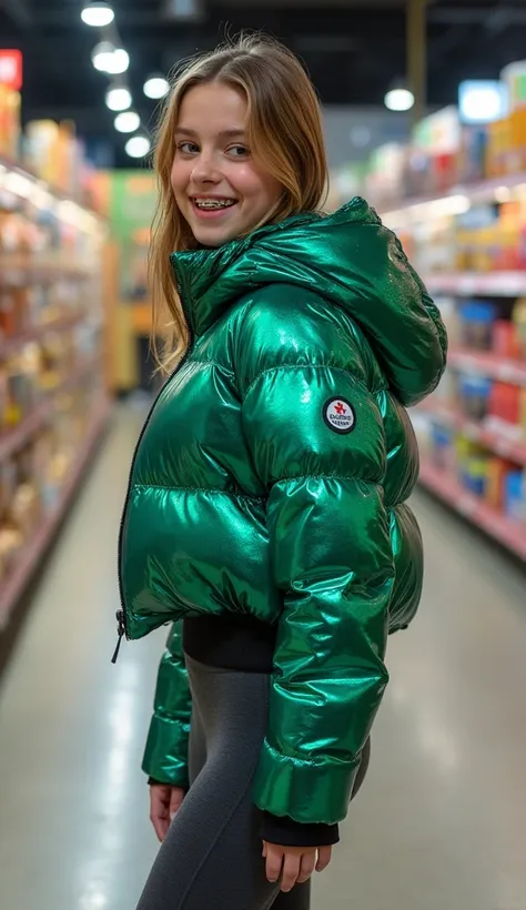 Backside diagonally photo from side behind of a sweaty hot wet cute beautiful darkblonde dutch spanish italia young posing age femboy wearing shiny bright glittery green blue hue gradient pvc cropped short moncler puffer jacket. Big moncler canadagoose lux...