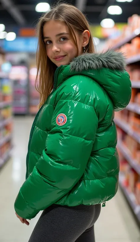 Backside diagonally photo from side behind of a sweaty hot wet cute beautiful darkblonde dutch spanish italia young posing age femboy wearing shiny bright glittery green blue hue gradient pvc cropped short moncler puffer jacket. Big moncler canadagoose lux...