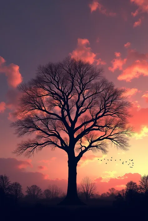 A majestic, leafless tree with intricate, twisting branches stands silhouetted against a stunning 8K ultra-realistic sunset sky. The sky features a mesmerizing blend of deep purples, warm oranges, and soft pinks, with scattered, fluffy clouds adding depth ...