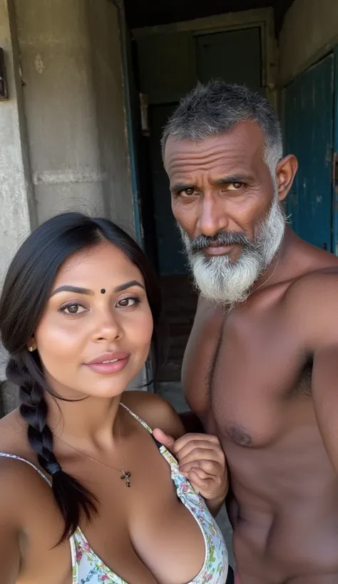 White skin woman with a dark black skin black old man, hot short indian white skin thick body curvy physique woman with small black dot bindhi between her eyebrow, single plaited down tied black hair, woman wearing multicoloured sports bra and underwear, i...