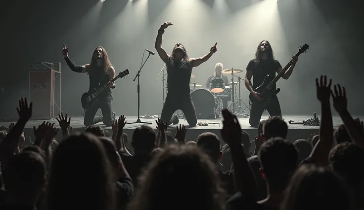 metal band musicians praying on stage, people with raised hands