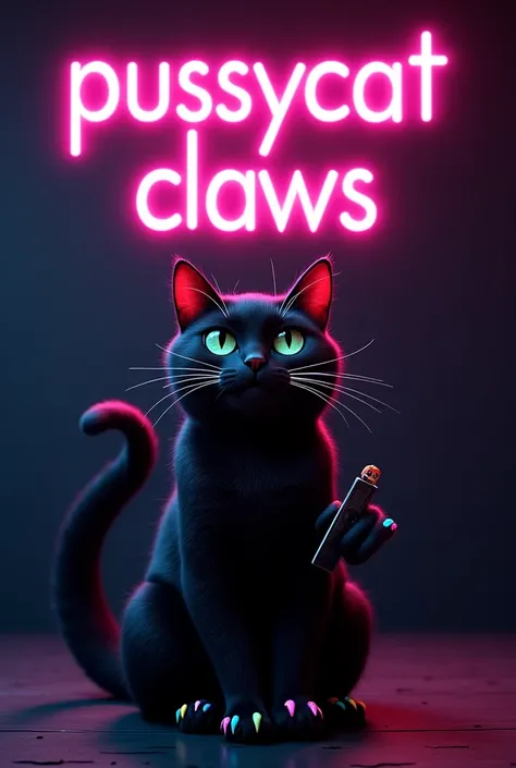  creates an image in which I put  "Pussycat Claws " In neon-like letters and on the bottom there is a black cat with colored nails and with a nail file in her hand