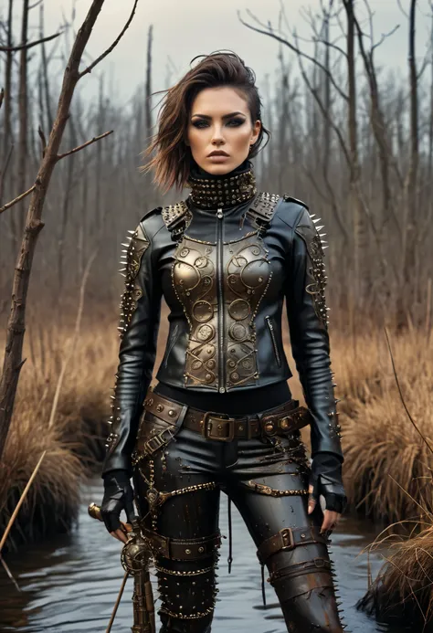 Four different views (front, top, back, and side) of a post-apocalyptic, ultra-detailed depiction of a post-apocalyptic female warrior, ((Best quality)), ((masterpiece)), (highly detailed:1.3), 3D,full body portrait, beautiful post-apocalyptic woman,(weari...