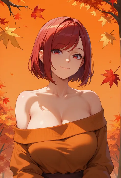 score_9, score_8_up, score_7_up,  1girl, autumn, autumn leaves, bob cut, breasts, closed mouth, large breasts, leaf, leaf background, looking at viewer, medium hair, off shoulder, orange background, red eyes, red hair, smile, solo, swept bangs, Futanari pe...