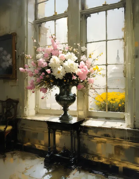 painting of FLOWER VASES, with FLOWERS, WHITE, PINK and YELLOW, FLOWERY GARDEN,, WALKWAY,, WHITE HOUSE, (((OXIDIZED BRONZE VASE))).,WINDOW, CURTAINS, lots of flowers,,,,, sexy painting , jeremy mann style, jeremy mann art, jeremy mann painting, alessandro ...