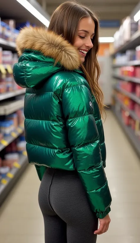 Backside diagonally photo from side behind of a sweaty hot wet cute beautiful darkblonde dutch spanish italia young posing age femboy wearing shiny bright glittery green blue hue gradient pvc cropped short moncler puffer jacket. Big moncler canadagoose lux...