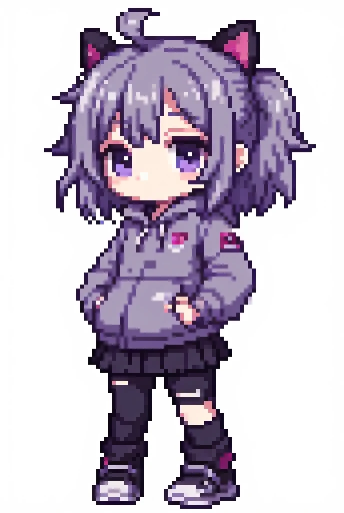 A sharp and clean pixel art of an adorable chibi original character (OC) with a soft emo aesthetic. The character has messy, slightly spiky or layered hair with long bangs covering one eye, adorned with tiny accessories like skull clips, chains, or small p...