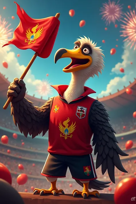 Imagine a stylized vulture as a Flamengo fan, wearing the red and black jersey and holding a club flag. The vulture should have an animated expression and be in a stadium full of fans, with balloons and fireworks in the background. The image should be vibr...