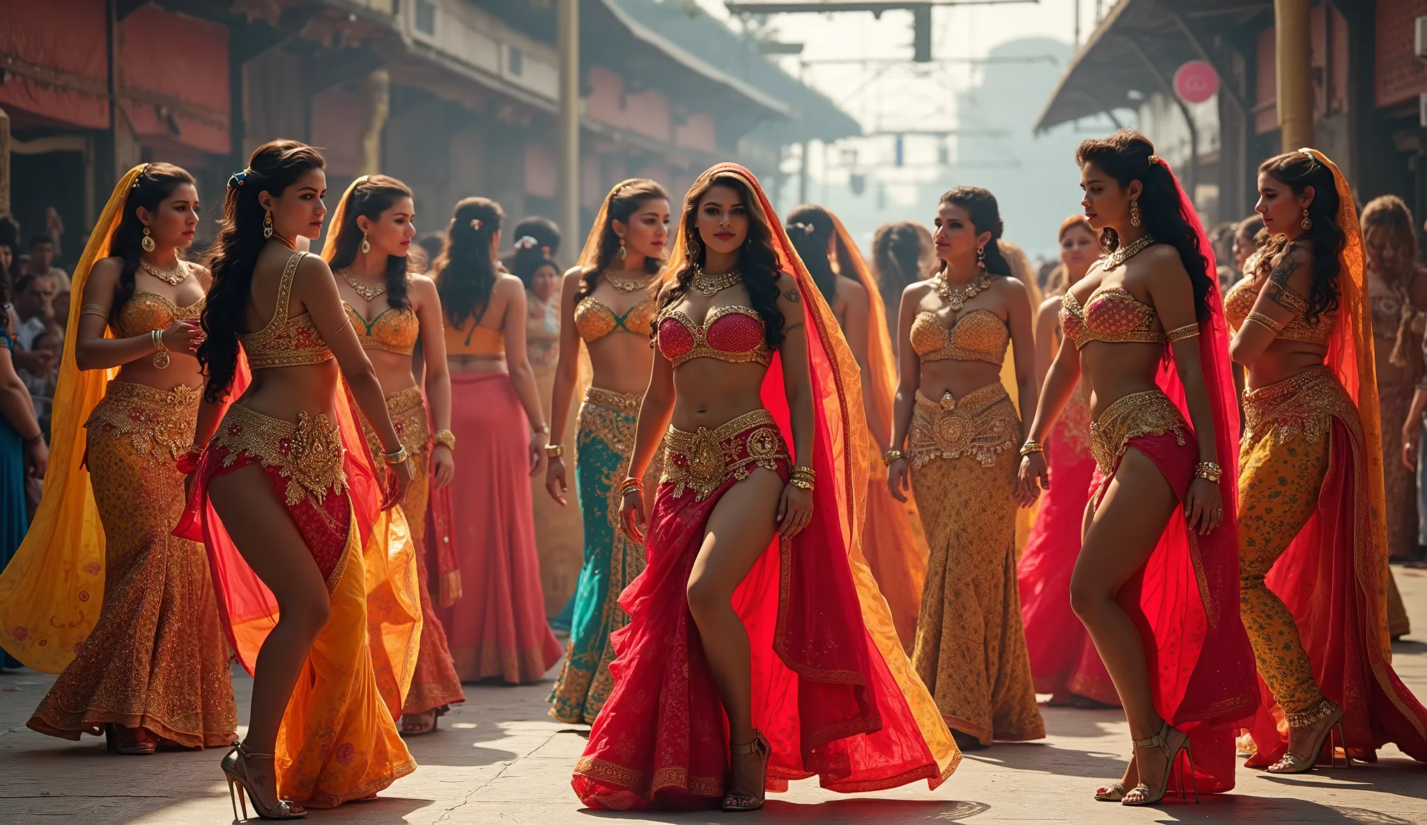 Sexy indian Bride's group with big breast and big butts  exhausting  brightness with realistic scene colorful bikini and saree costume ,  exhausting  👠 , closeup dance in an Indian train station. 