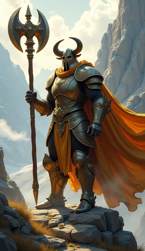 A divine knight, Related to the Taurus sign, with earth armor ,  with a divine axe, With Earth Skills, on a mountain,  colored coat 