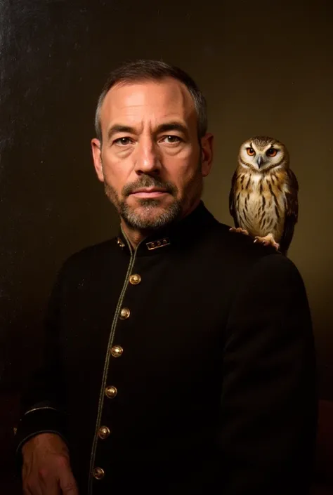  oil painting on canvas , Stiel Vermeer  , 17.  century ,  masterpiece, (Beste Illustration), (best shadow), Realistic lighting,  beautiful detailed glow , man, Front  ,Portrait (((  photographic perspective of him))) Owl sitting on shoulder

