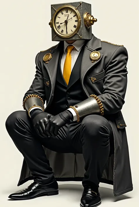 Future Large Clockman, wears a coat with a black suit beneath it and a yellow tie. His clock head is a silvery metal cube with circular clocks embedded in an octagonal design. At each of his clock faces, he appears to have a belt with a special golden buck...