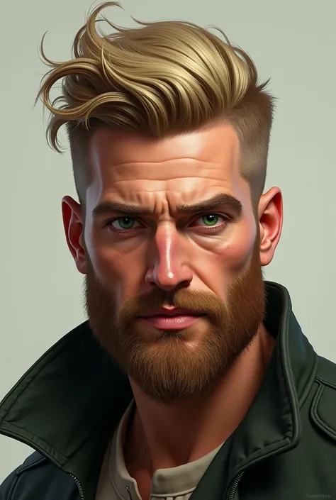 man, blonde,  green eyes, bearded, CLOSED BEARD. short hair and a quiff. Rectangular face,  gazo  