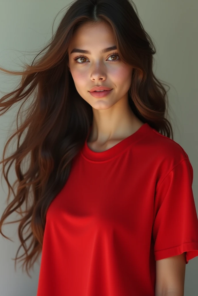 Beautiful girl with long hair and red T-shirt