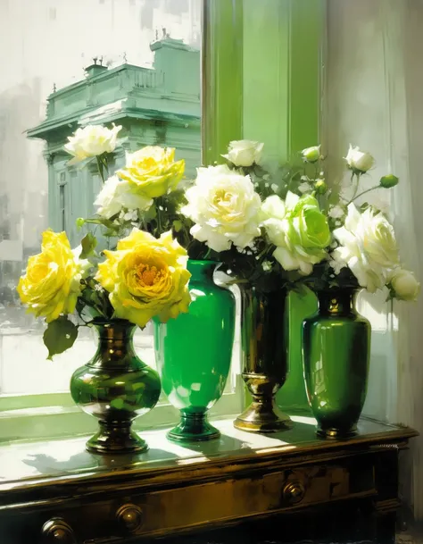 painting of FLOWER VASES, with FLOWERS, WHITE, ROSE and YELLOW, FLOWERY GARDEN,, CASEWAY,, WHITE HOUSE, (((OXIDIZED BRONZE VASE, 
 GREEN VASES))).,WINDOW, CURTAINS, lots of flowers,,,,, sexy painting, jeremy mann style, jeremy mann art, jeremy mann paintin...