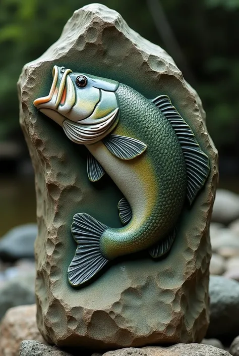 an rock with bass carved on it