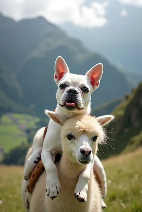 A white French bulldog with black spots rides a llama. Llamas have thick, fluffy, cream-colored fur and a calm expression on their faces. The bulldog looks happy, perhaps with its tongue sticking out or in a playful pose. In the background, a picturesque m...