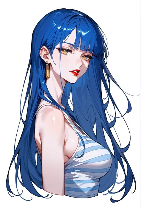 Artwork,,,back view,single woman,alone,adult,dark blue hair,long hair,long straight hair,short blunt bangs,half closed eyes,blue and gold eyes,hair strands behind ear,arrogant,full lips,red lipstick,expressionless,white skin,big breast,pink and white strip...