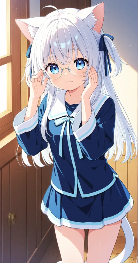 1girl only Loli blue eyes bluish white hair ribbon on her hair glasses on smile clothes by little witch Kawai Neko, ,short short skirt with highly detailed blue and white trim ribbon in high quality room Anatomy Perfect Nekomimi 