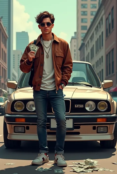 
A young guy is standing by a BMW e30 car with money in one hand and coke in the other
Iešk