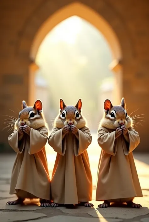 Medium shot. Three chipmunks dressed in medieval beige robes with no hoods or caps or hats. chipmunk on the far left is covering its eyes with both hands. The chipmunk in the middle has is covering its mouth with both hands. The chipmunk on the far right i...