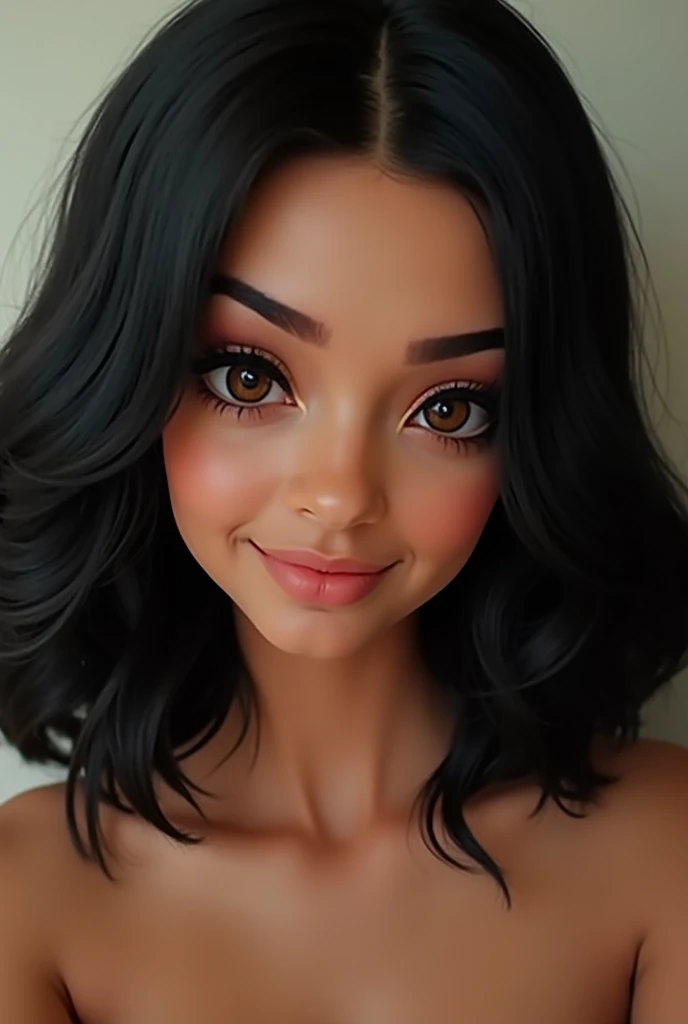 hair: "  with straight black hair,  at shoulder height,  with straight and shiny tips ."
eyes: "eyes grandes AZUIS e claros,  with long curled lashes ."
face: "face quadrado com bochechas grandes e vermelhas,  giving a soft and cheerful touch ."
boca: "Tee...