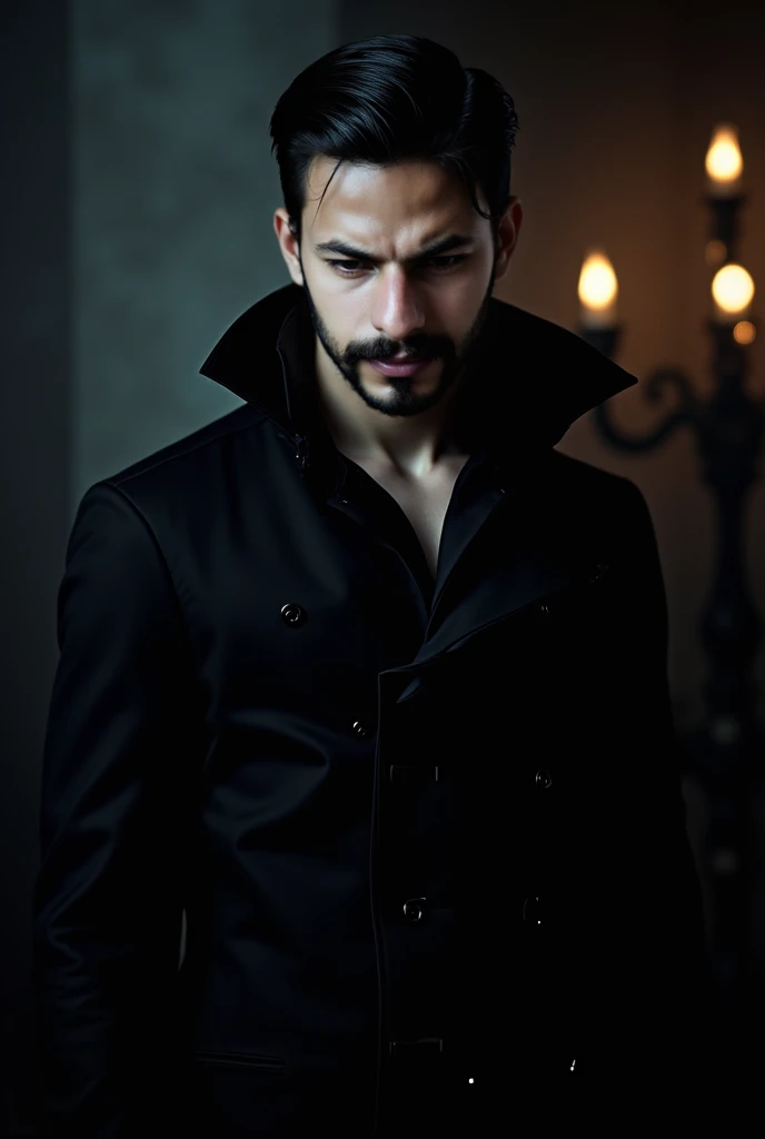 A very handsome vampire ,  the man is white skin,  black hair, Dark clothes,  penetrating look , Ojos rojos. full body, far shot