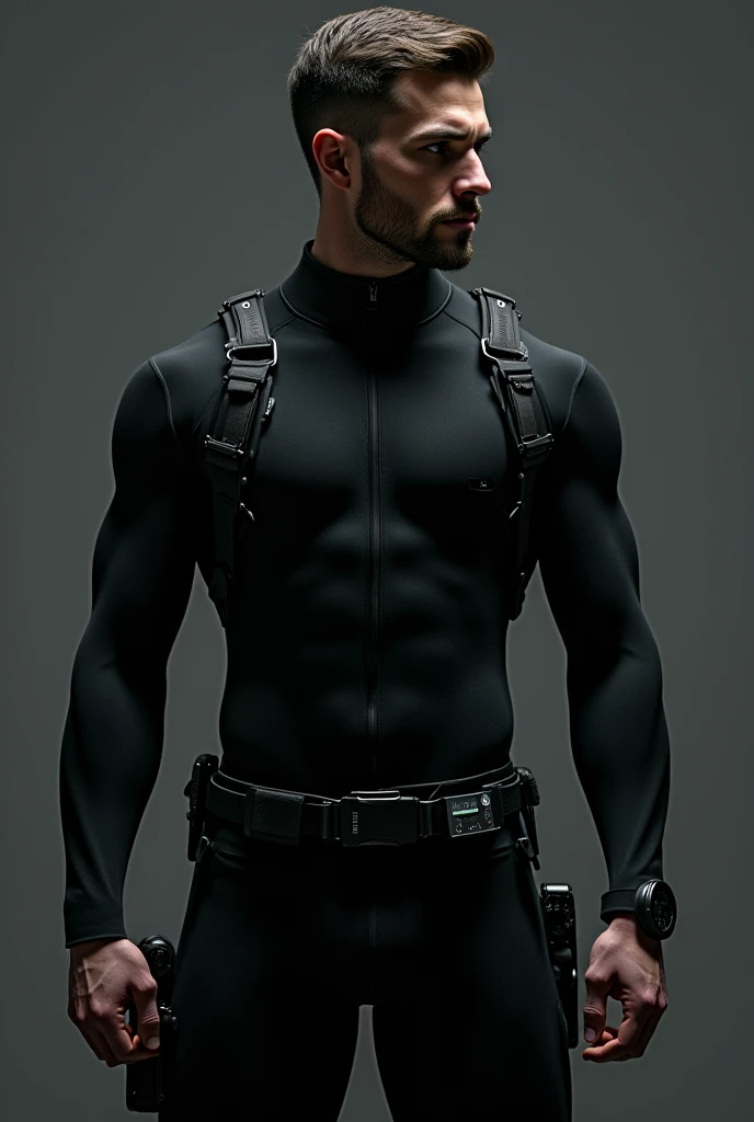 Male Secret Agent stocked in a neoprene suit fitted to the body, watch and belt at the waist.