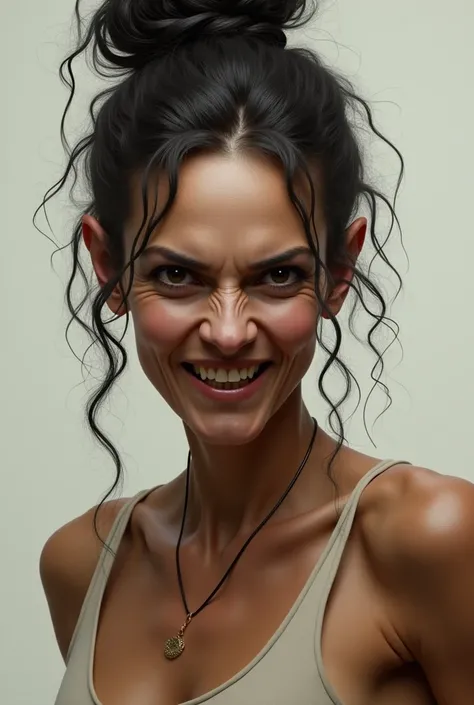 
woman,  ager, thin, curly hair tied up, roasted fine, LARGE TEETH AND POINTY NOSE
NEGRA