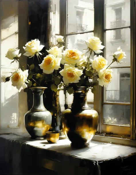 painting of FLOWER VASES, with FLOWERS, WHITE, ROSE and YELLOW, FLOWERING GARDEN,, WHITE HOUSE, WINE GLASSES, OPEN BOTTLE. STOPPER.(((OXIDIZED BRONZE VESSEL, 
 ))).,WINDOW, CURTAINS, lots of flowers,,,,, sexy painting, jeremy mann style, jeremy mann art, j...