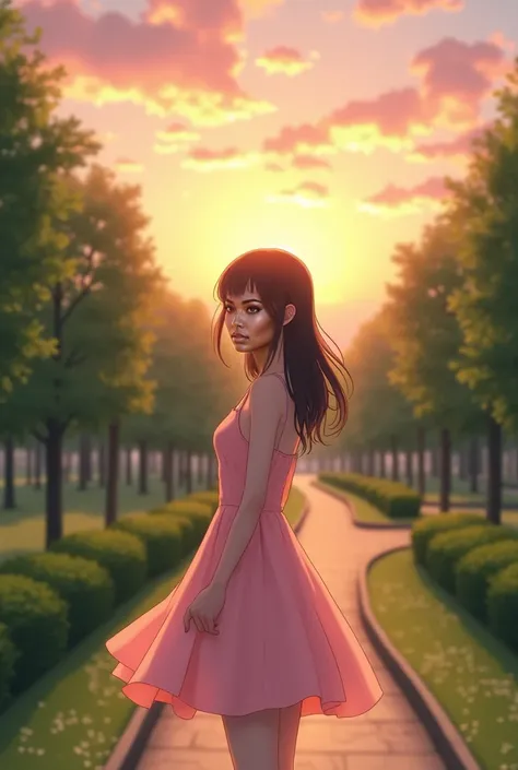 short pink dress in pastel tones, park, sunset
