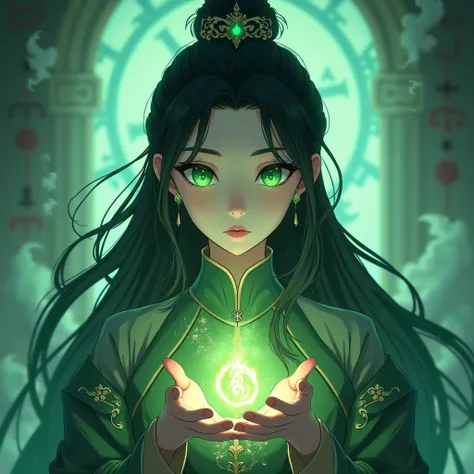 Beautiful Asian anime witch with green eyes 